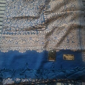 Vtg Traditional Kashmiri Hand Embroidered Wool Scarf/ Shawl New Blue Gold